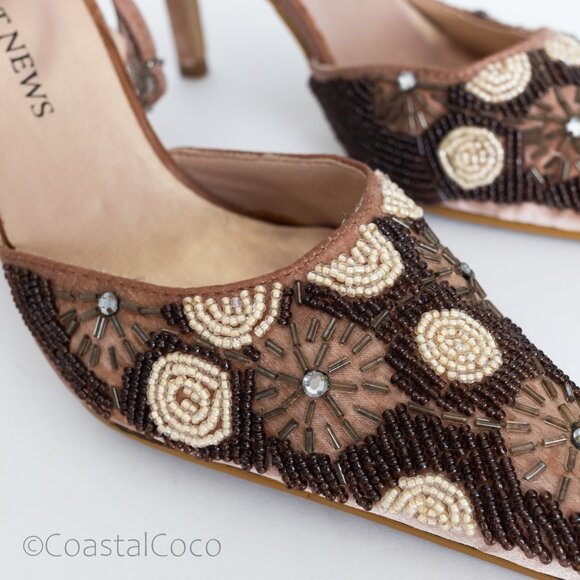 Newport News Velvet Beaded Rhinestone Heels 6.5 Neutral Blush Y2K Party Wedding - Picture 6 of 10